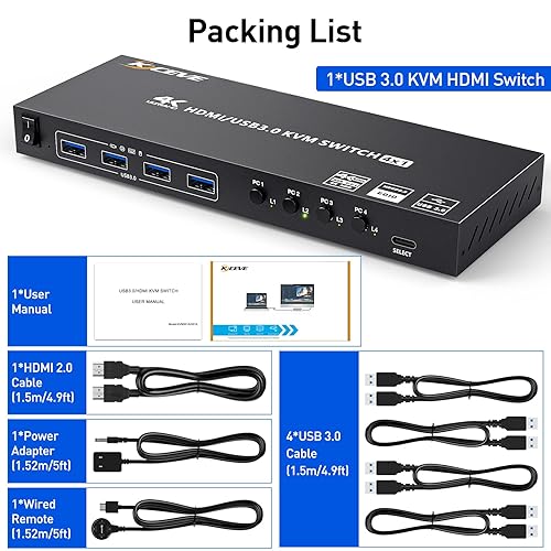 Miniatura 9 de Conmutador USB 3.0 KVM HDMI 4 puertos compatible con 4K 60Hz 2K 120Hz RGB 444 Simulación EDID, HDMI USB Switch 4 en 1 salida y 4 puertos USB 3.0