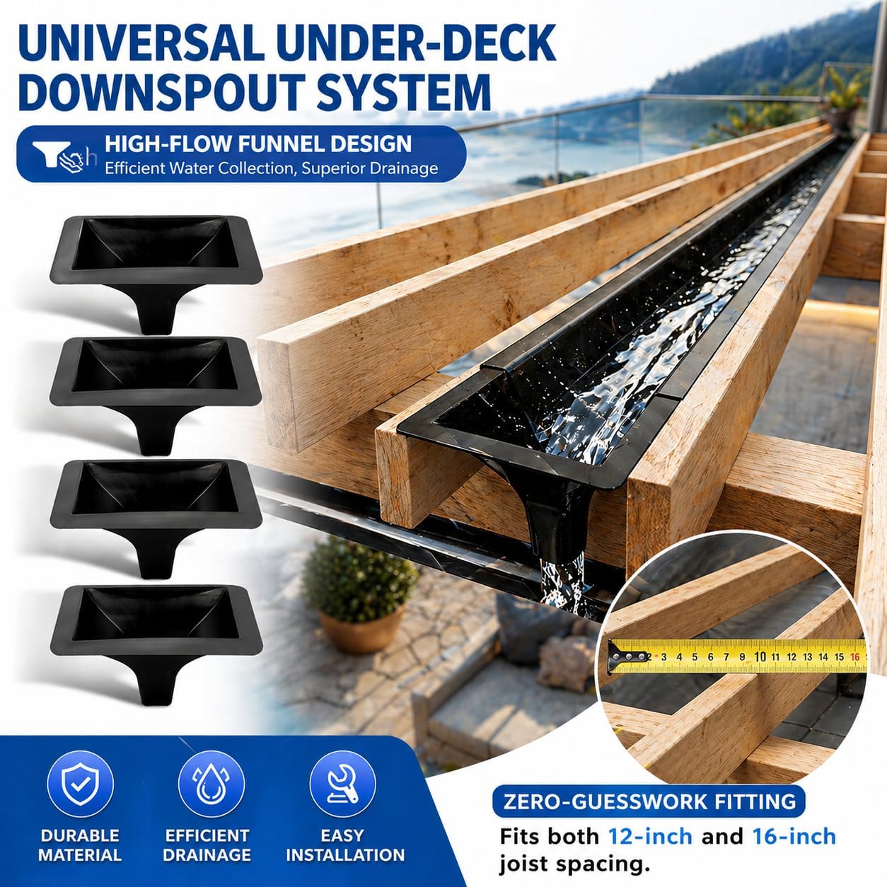 4-Pack Under-Deck Drainage System Downspouts, Below-Deck Rain Shield for 12 & 16 Inch Joist Spacing, Black PE Deck Water Diverter with Pre-marked Cut Lines, Create a Dry Patio and Protect Wooden Beams