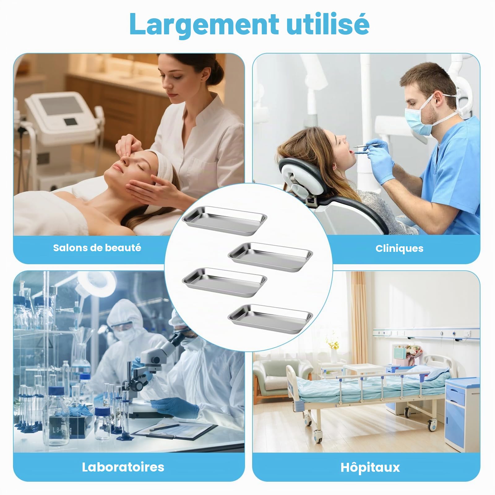 4PCS Plateau INOX Rectangulaire Set, Plat INOX Rectangulaire Petit Format, Plateau Rectangulaires en Acier Inoxydable pour Présentation, Laboratoire, Cabinet Dentaire et Formation