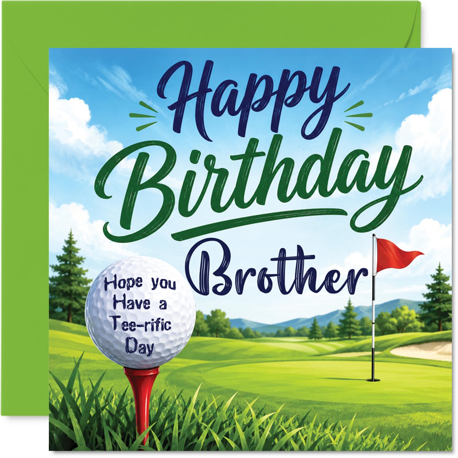 Playful Birthday Card for Brother - Swing into Your Birthday - Golf Course Scene with Punny 'Tee-rific' Message - 145mm Square, Envelope Included