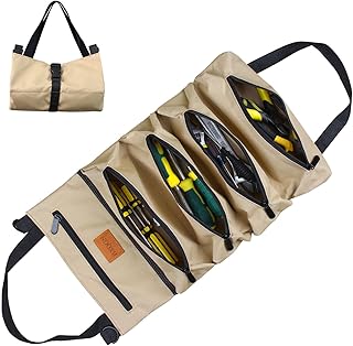 Tool Roll Up Bag, Water Resistant Tool Roll Organizer Pouch, Heavy Duty Canvas Wrench Tool Pouch with 5 Zipper Pockets Tools Carrier for Mechanic/Electrician/Motorcycle/Truck