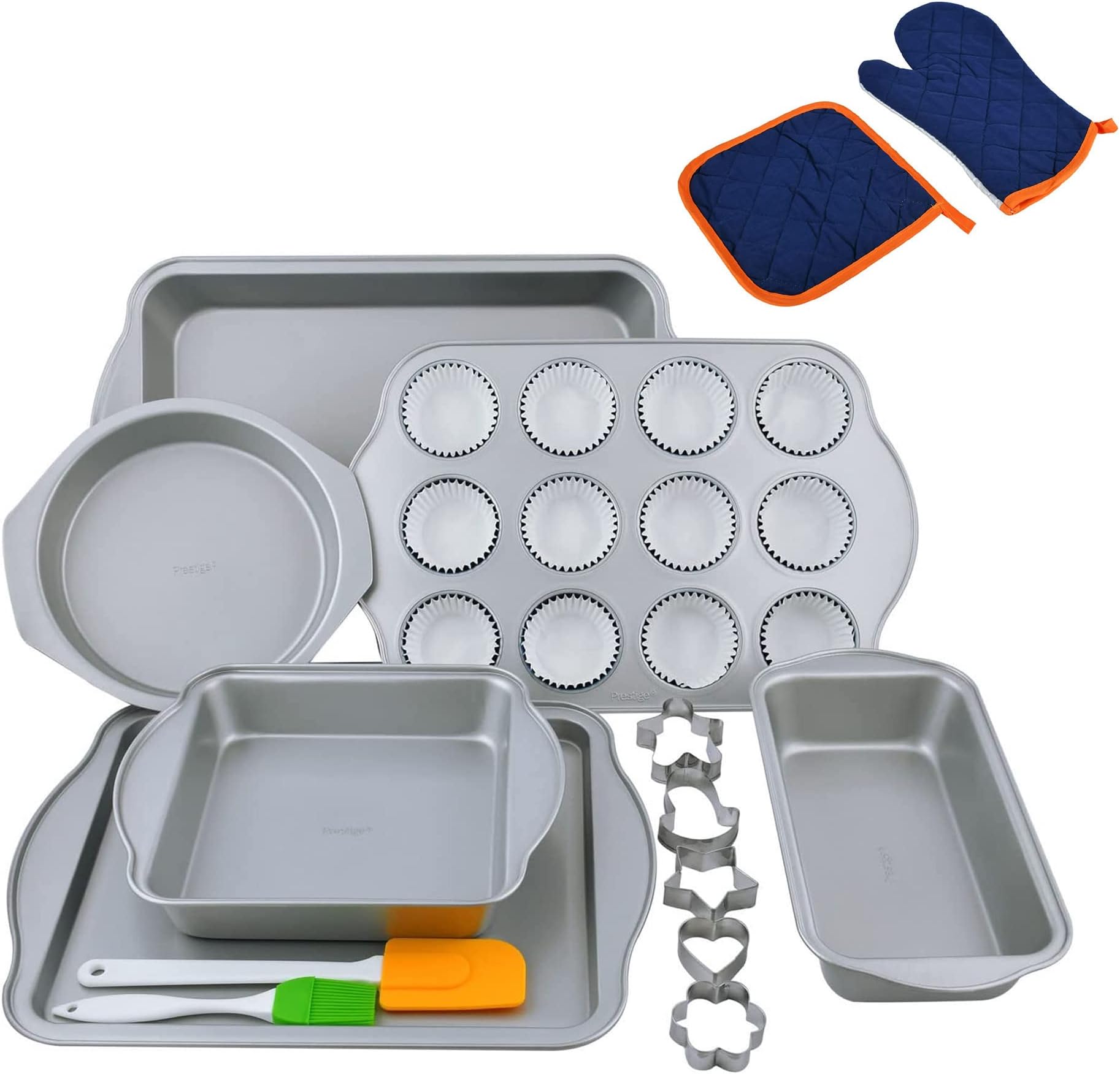Prestige Nonstick Bakeware Set - 25 Piece kit with Round, Square, Loaf, Roaster, Muffin Pans | Cookie Sheet, Silicone Spatula & Brush | 5 Cutters, Oven Gloves, and 12 Paper Cups Complete Baking Set