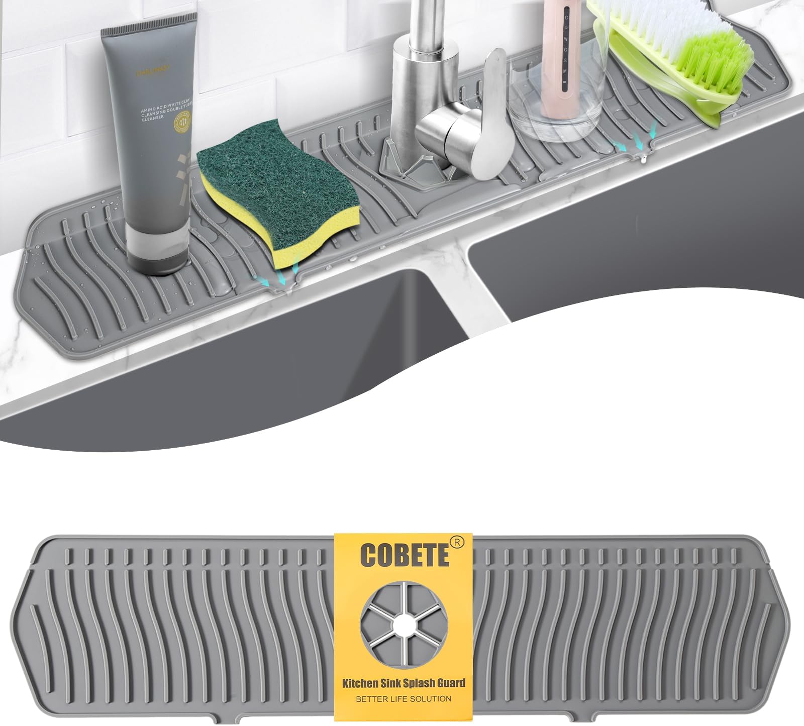 COBETE Kitchen Sink Splash Guard, 24in Faucet Mat Splash Catcher, Handle Drip Catcher Tray, Multipurpose for Kitchen Dish Drying Mats Sponge Holder and Bathroom Countertop Protect