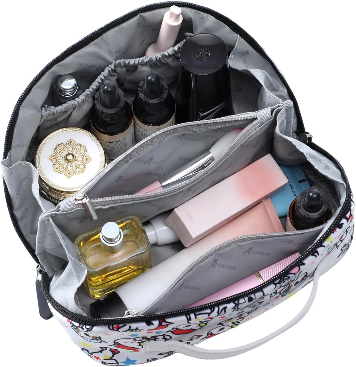 tokidoki Unicorno Travel Makeup Bag,Large Capacity Cosmetic Bags for Women,Cartoon Portable Makeup PouchOpen Flat Toiletry Bag for Traveling With Handle and Divider (Colorful Beige)