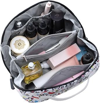 tokidoki Unicorno Travel Makeup Bag,Large Capacity Cosmetic Bags for Women,Cartoon Portable Makeup PouchOpen Flat Toiletry Bag for Traveling With Handle and Divider Colorful Beige