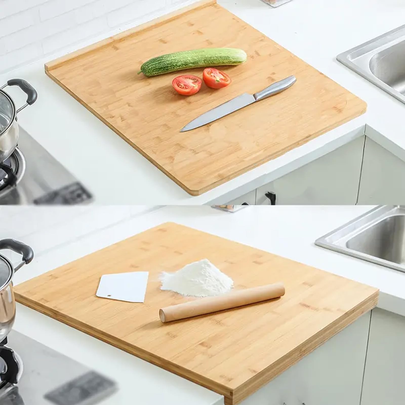 Tabla de cortar reversible de bambú de 50 x 30 cm, tabla de madera para repostería y amasado con ranura para encimera de cocina, ideal para preparación de pan y alimentos