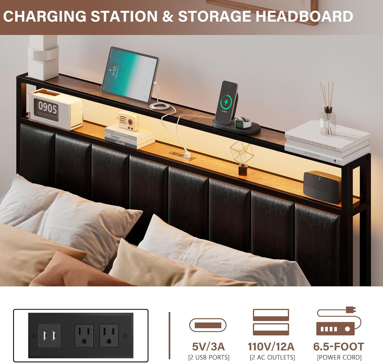 Full Metal Bed Frame with Storage Drawers and LED Headboard
