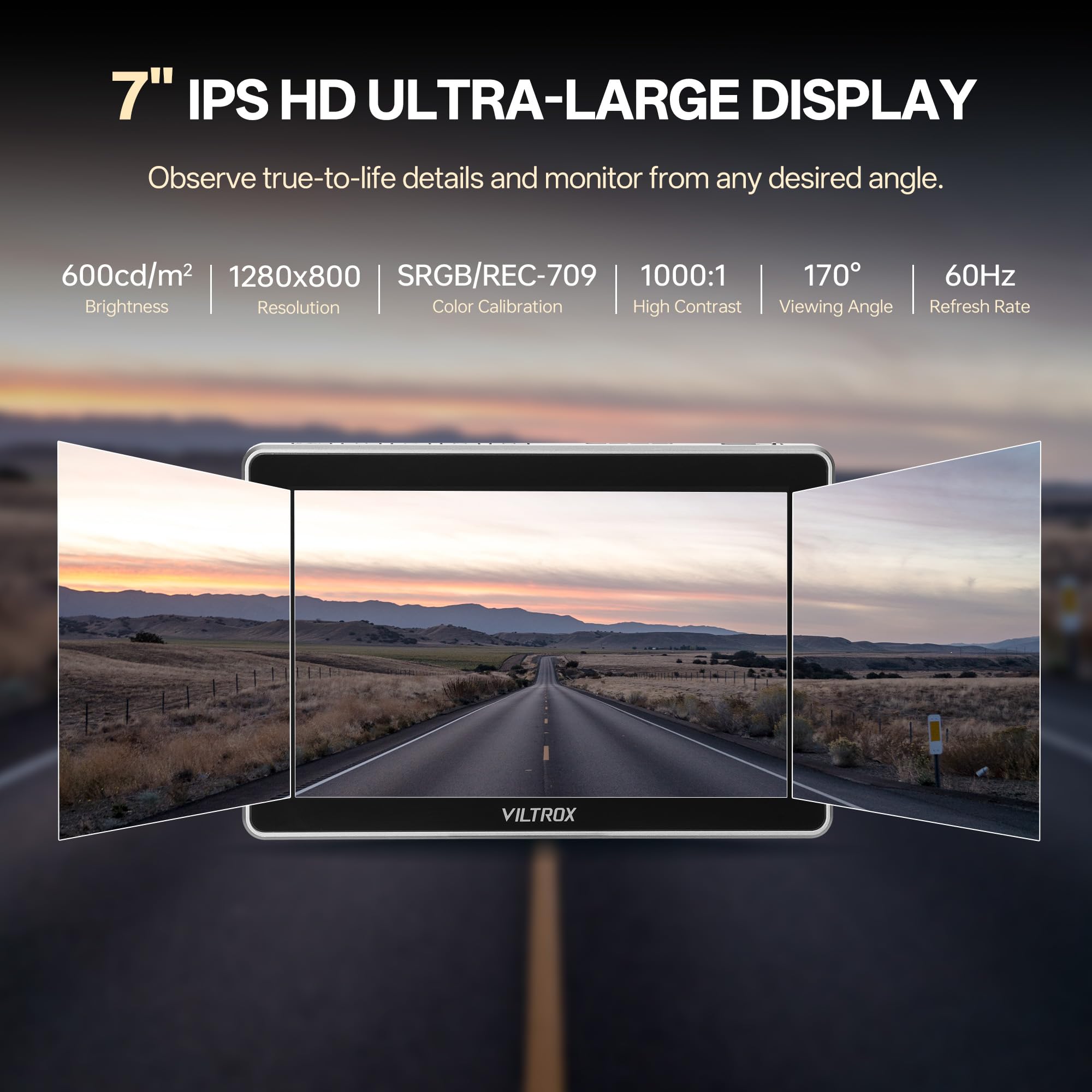 VILTROX DC-L1 7" Kamera Field Monitor Touchscreen DSLR Kamera Monitor mit 170° Weitwinkel 600 Nits, HD 1280x800 IPS 4K HDMI Loop In/Out mit Peak Focus Video Assist Waveform, Akku & Sonnenblende