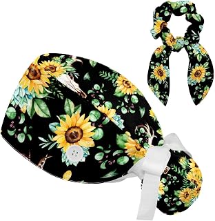 FVQL 2 Pieces Surgical Cap for Long Hair Scrub Cap with Hairband Nurse Cap, Seamless Pattern Sunflower and Animal Skull
