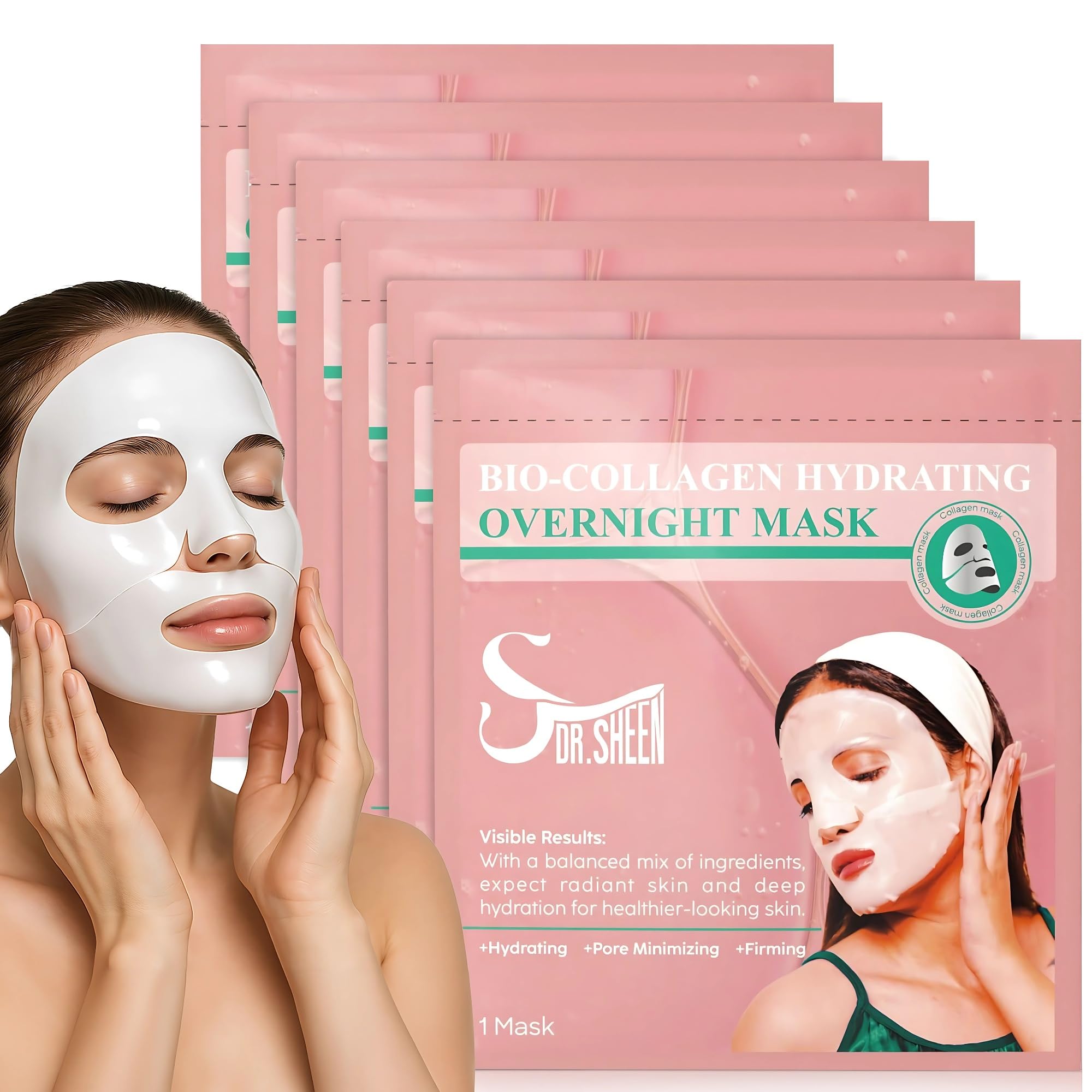 Bio Collagen Face Mask Overnight, 6 Pack – Hydrogel Korean Face Masks, Hydrating Collagen Mask for All Skin Types, Anti-Aging Face Masks Skincare,