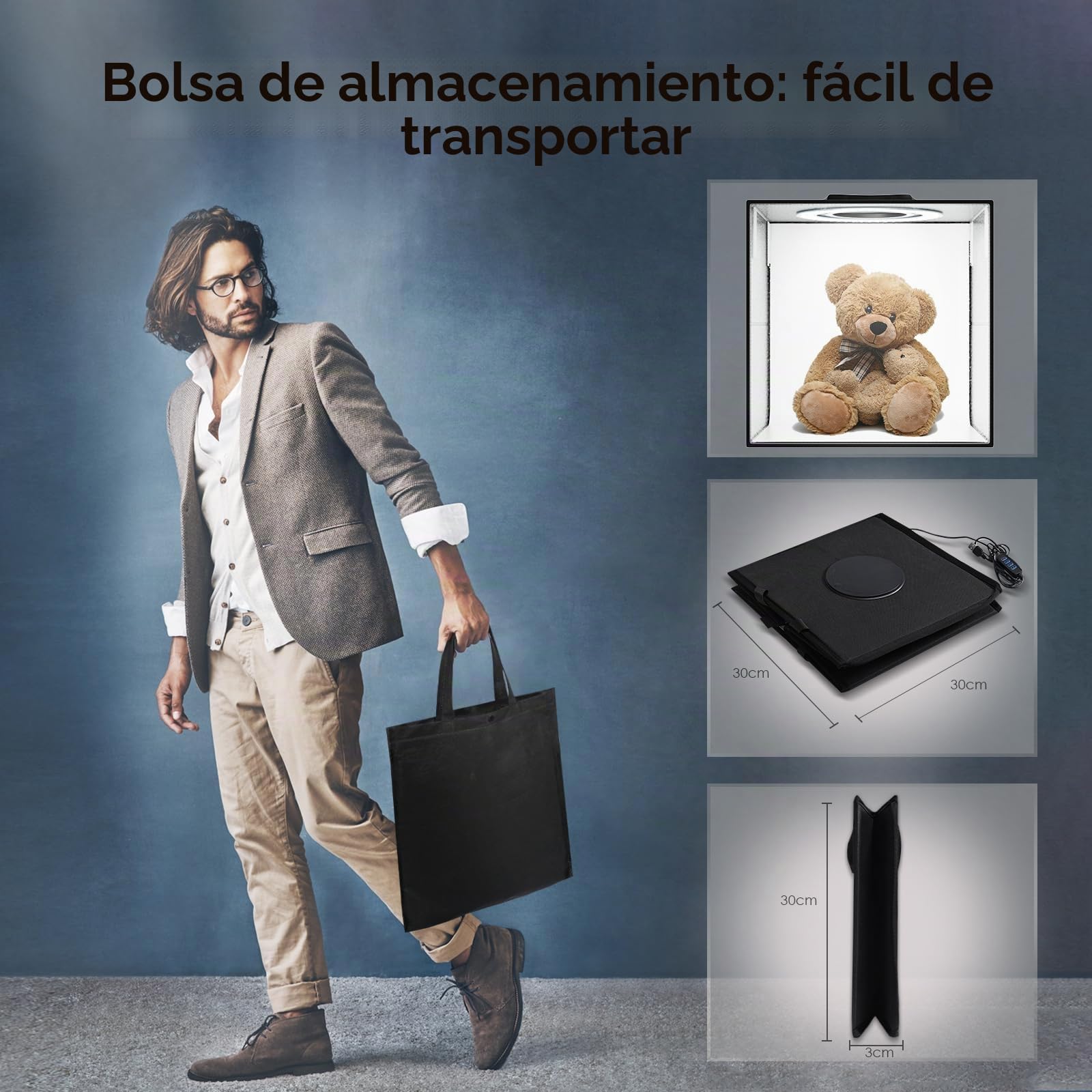 Caja Luz Foto Estudio, Portátil 30cmEstudio Fotografico con 120 Luces LED Ajustables CRI 95+ Disparo de Múltiples ángulos Estudio Fotográfico, 6 Láminas de Fondo de PVC para Productos Fotos
