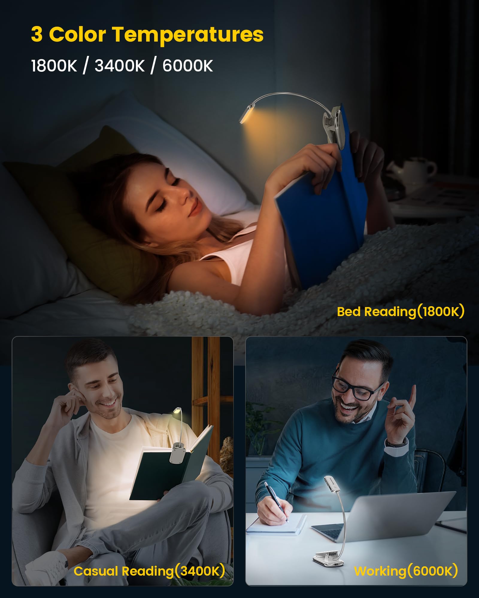 Glocusent Posh Premium lampka do czytania do książek w łóżku z timerem, 16-LED ładowalna lampka do czytania działa 160 godzin, 1800K Eyecare Clip na lampce do czytania, 3 kolory i 5 poziomów jasności (Biały)