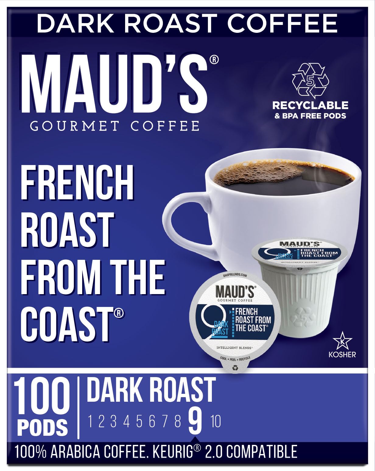 Maud's French Roast Coffee (French Roast From The Coast), 100ct. Solar Energy Produced Recyclable Single Serve French Roast Coffee Pods – 100% Arabica Coffee California Roasted, KCup Compatible