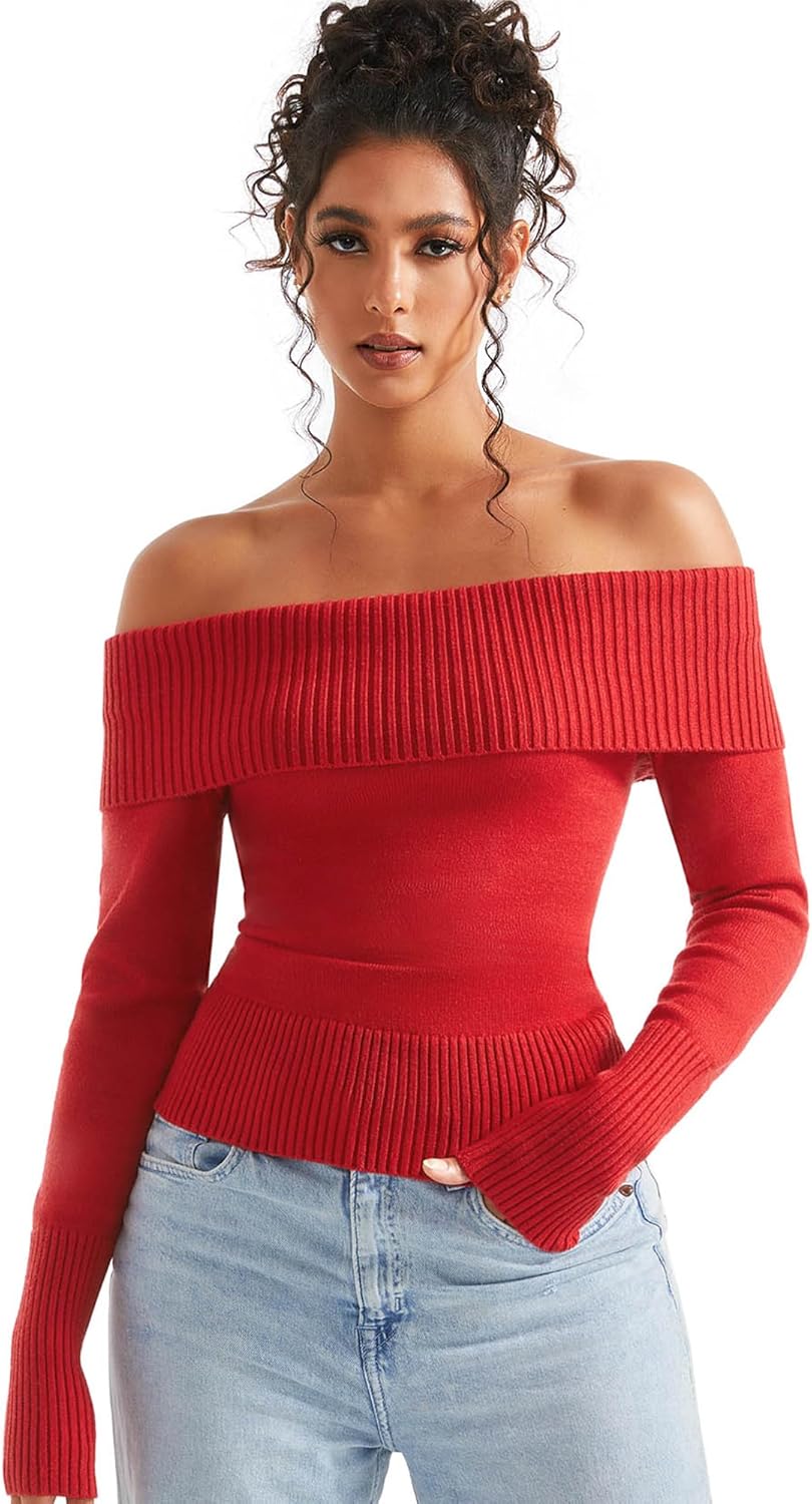 SUUKSESS Women Off Shoulder Sweaters Long Sleeve Ribbed Knit Going Out Fall Tops Blouse