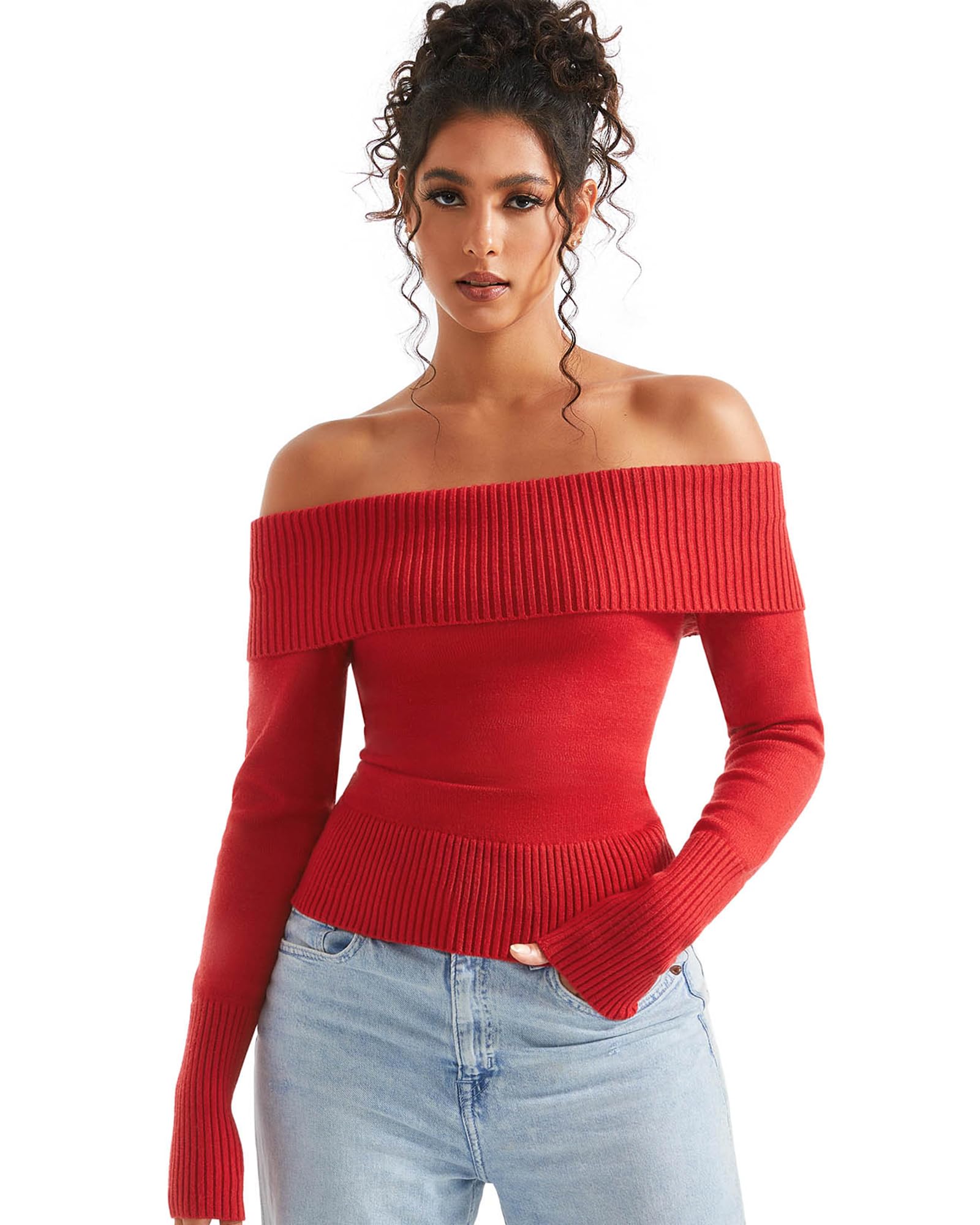 SUUKSESS Women Off Shoulder Sweaters Long Sleeve Ribbed Knit Going Out Fall Tops Blouse