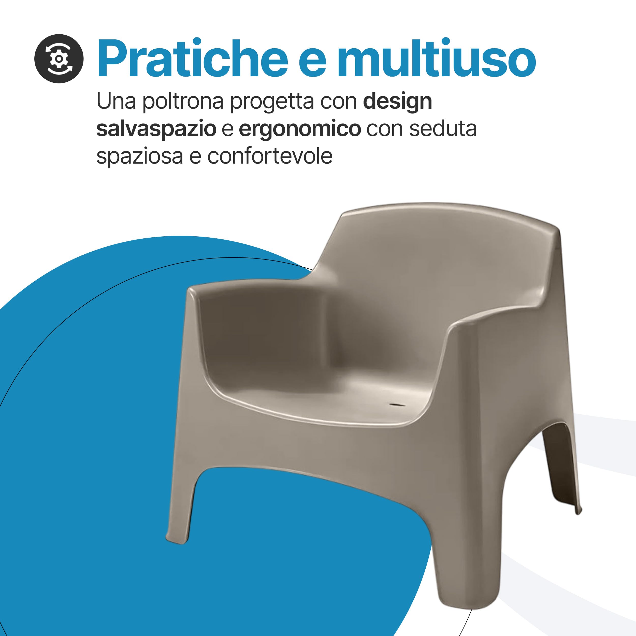 Tomaino Poltrona da esterno Ibiza XL Sedia da giardino in plastica impilabile 79x74x70 cm tortora