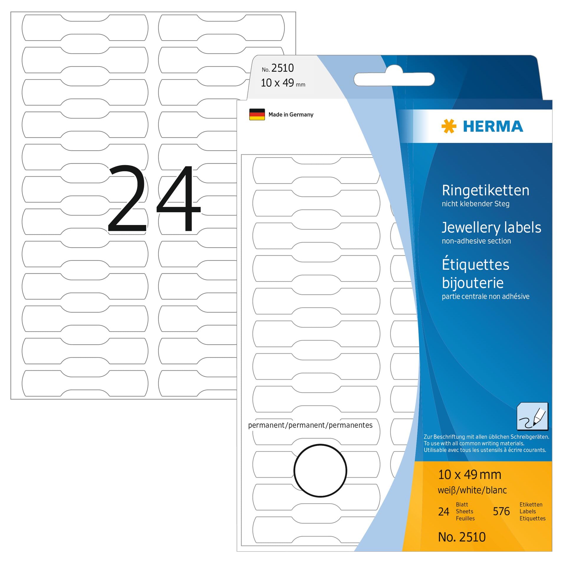 HERMA 2510 etykiet cenowych, 600 sztuk, 10 x 49 mm, 24 w arkuszu, samoprzylepne, etykiety na pierścionki do opisywania, matowe, czyste papierowe etykiety na biżuterię, białe