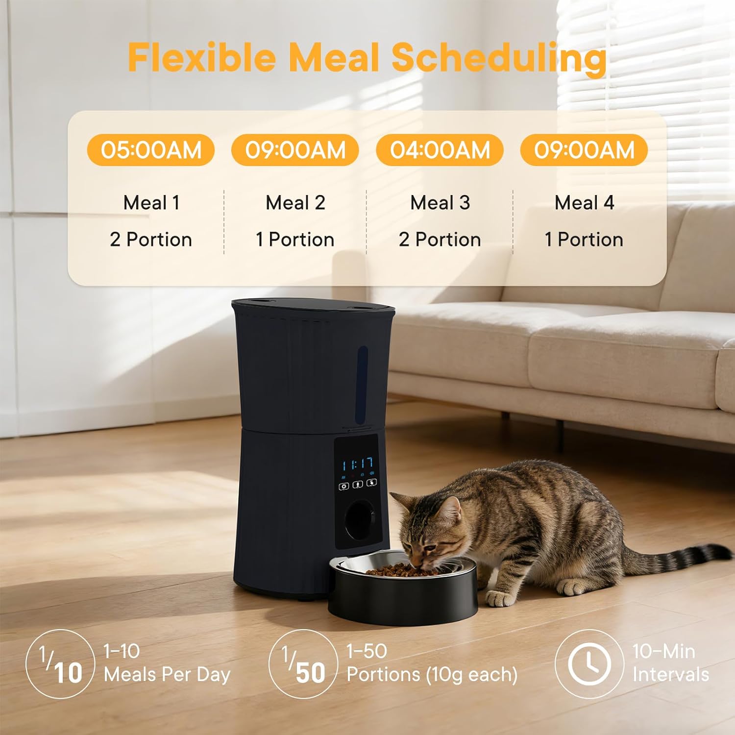 NEWBULIG Automatic Cat Feeder, 4L Timed Pet Feeders with 10s Voice Recorder, Dog Food Dispenser with APP Control, Dry Food, 10 Meals, Programmable 50 Portions, Dual Power Supply, Desiccant Bag