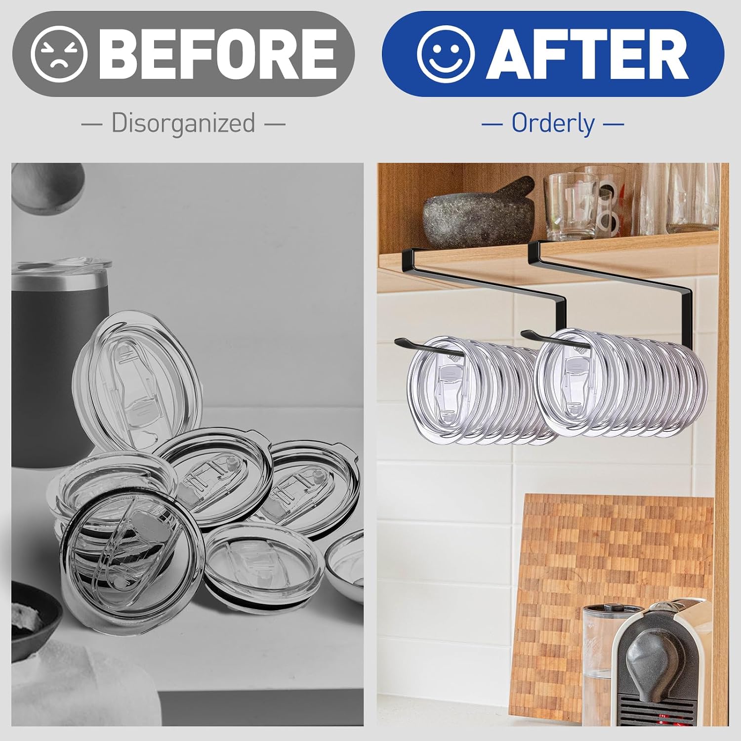 Tumbler Lid Organizer Under Cabinet Tumbler Lid Hook for Kitchen Storage Hook Up to 20 Lids Space Saving Horizontal Cup Holder for Kitchen Storage 2 Pack Horizontal Paper Towel Hanger image 4