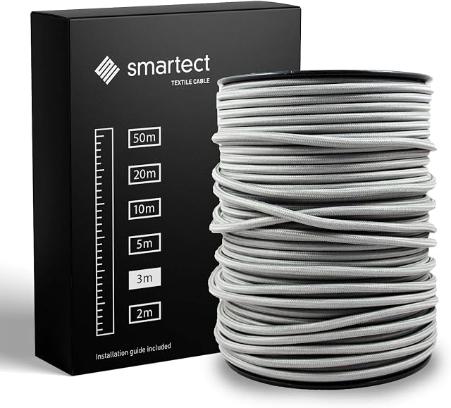 smartect Szary Kabel Tekstylny, 3 Metrów Kabel w Oplocie Elektryczny, 3 Żyłowy (3 x 0,75 mm²) Elektryczny Kabel w Oplocie Tekstylnym do Własnych Projektów DIY