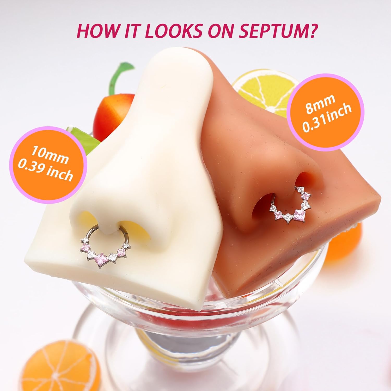 BodyBonita 16G Septum Rings Pink/Red/Green/Clear CZ, G23 Titanium Nose Ring Hoops, Septum Jewelry Clicker, Conch Helix Tragus Rook Daith Piercings for Women Men Silver/Gold 8/10 mm - Image 5