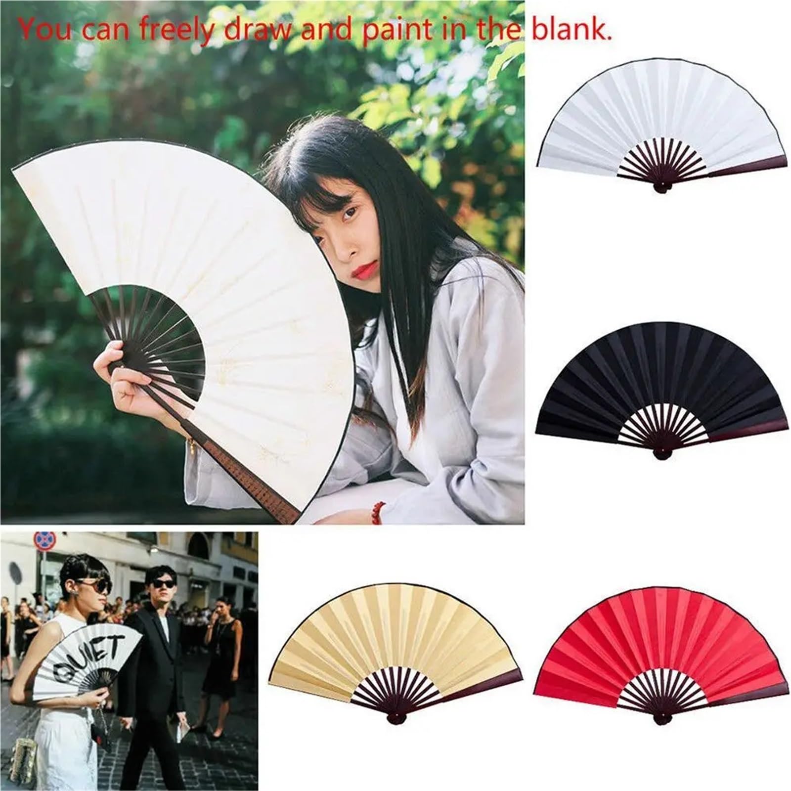 Abanicos plegables hechos a mano, 7 abanicos plegables de seda en blanco para pintura, juego de regalo de manualidades, 10.24 y 12.99 pulgadas, doble cara (10 pulgadas, rojo)