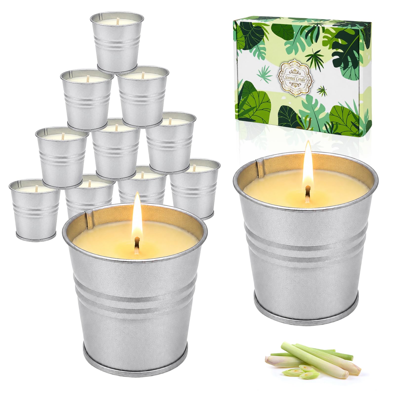 Candele Alla Citronella per Esterni in Secchiello di Metallo con Cera di Soia 12 Pezzi