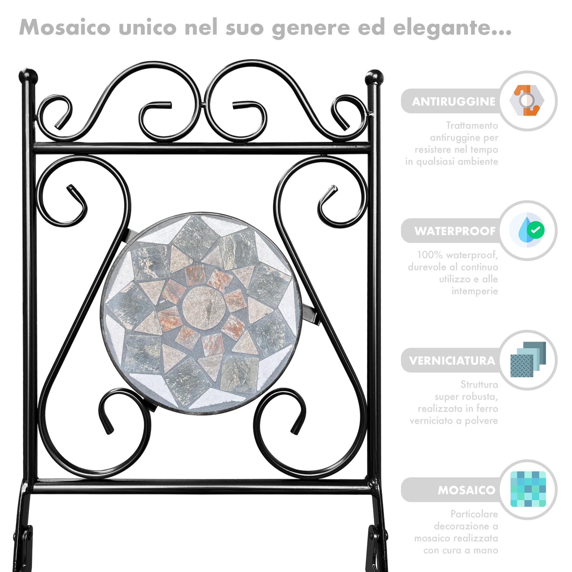 IlGruppone Tavolino + 2 Sedie Set Bistrot Terrazzo Giardino Mosaico Ceramica Interno Esterno Pieghevoli Salvaspazio Patio Casa Arredo Estivo Trattamento Antiruggine WaterProof - Mod-Cefalu