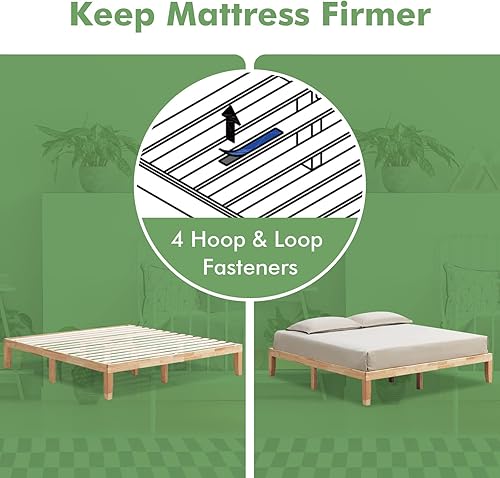 Miniatura 8 de COSTWAY Marco de cama de plataforma tamaño King, base de colchón de madera de goma maciza de 14 pulgadas con soporte de listones resistentes, marco