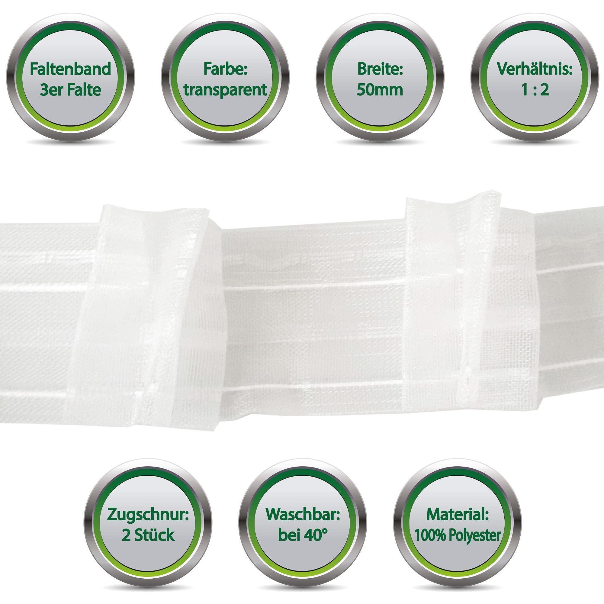 Bestlivings Nastro pieghevole con 3 pieghe, trasparente, 50 mm (lunghezza: 5 m – 50 m), 1:2, da cucire, per tessuti, tende e tende, nastro arricciato