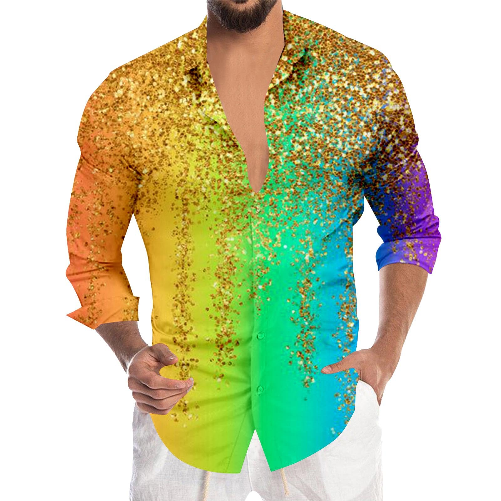 Glitter Shirt Men's Sequin Metallic Shiny Slim Fit Satin Long Sleeve Casual Business Shirts for Carnival Night Club 70s Disco Party Fancy Dress Costumes Yellow