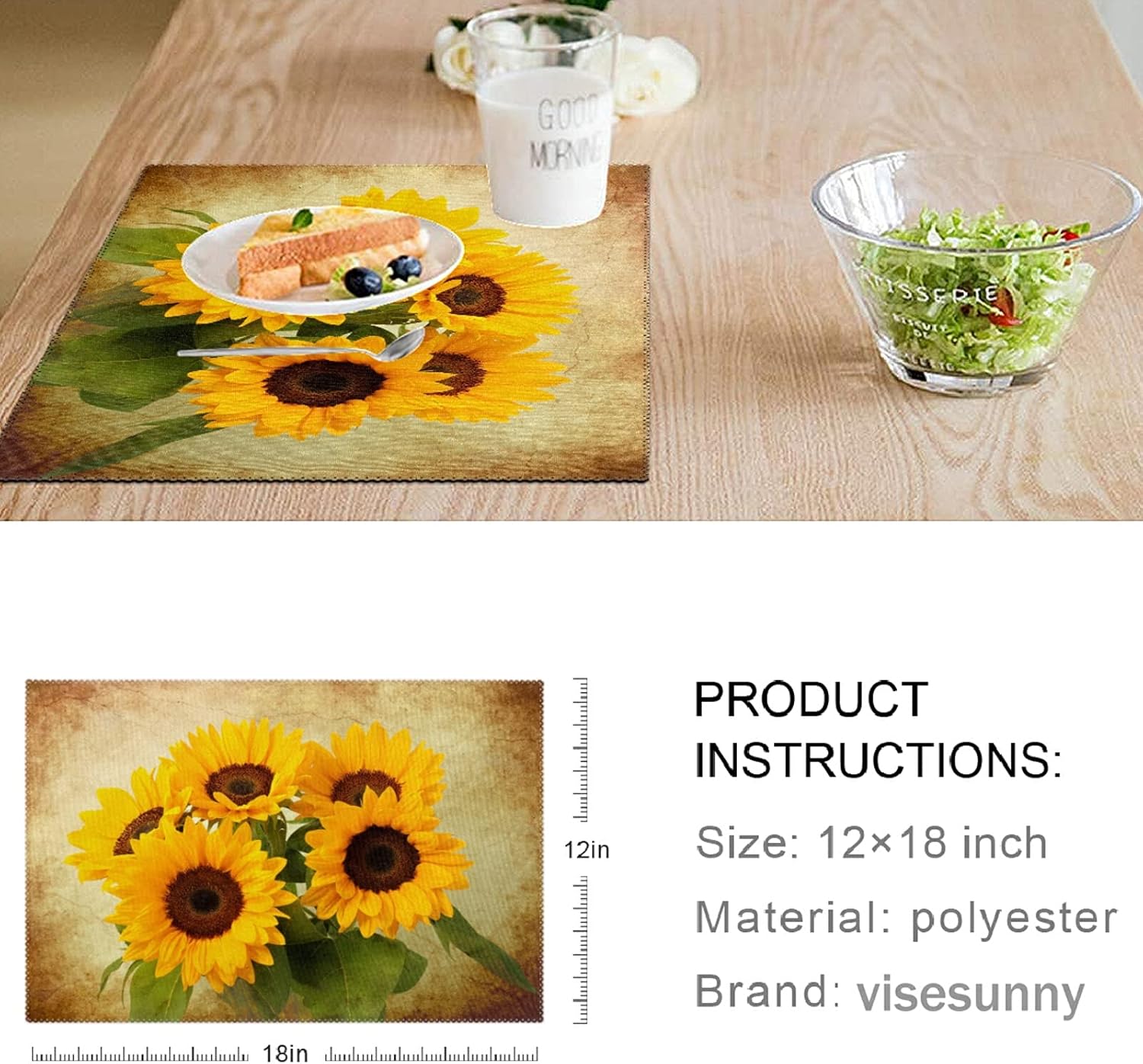 visesunny Retro Sunflower Placemat Set of 1 Table Mat Desktop Decoration Placemats Non Slip 12x18 in for Dining Home Kitchen Indoor
