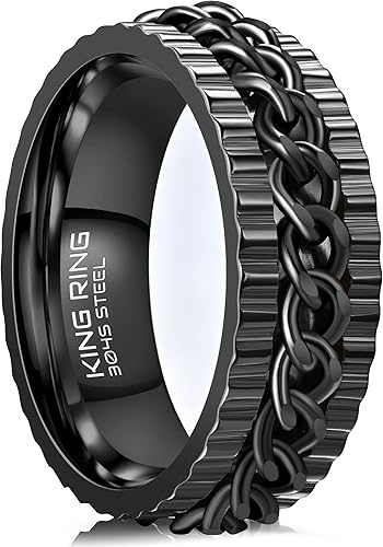 King Ring 8mm Sonic Fidget Ring Spinner Ring for Men & Women, Spin Stainless Steel Ring, Curban Chain Rings, Men Rings, Fidget Spinner