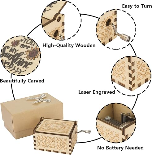 Miniatura 3 de You are My Sunshine - Cajas de música con collar de girasol, caja musical de manivela de madera y medallón grabado, regalo de sol para esposa,