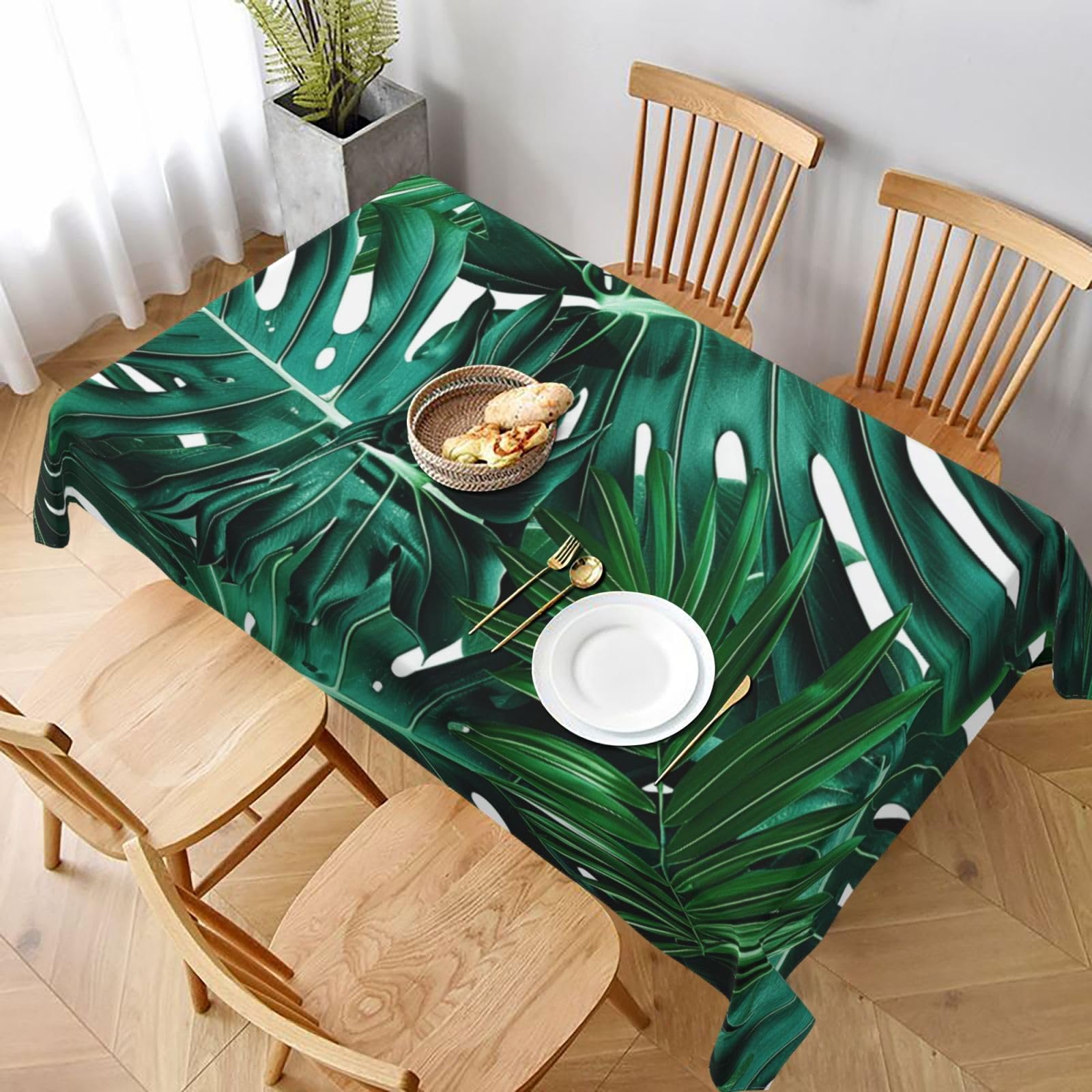 WPKJU Cute Green Palm Leaves Printed Tablecloth 60x90 in Water Resistant Table Cover Washable Rectangle Table Cloth for Dining Tables