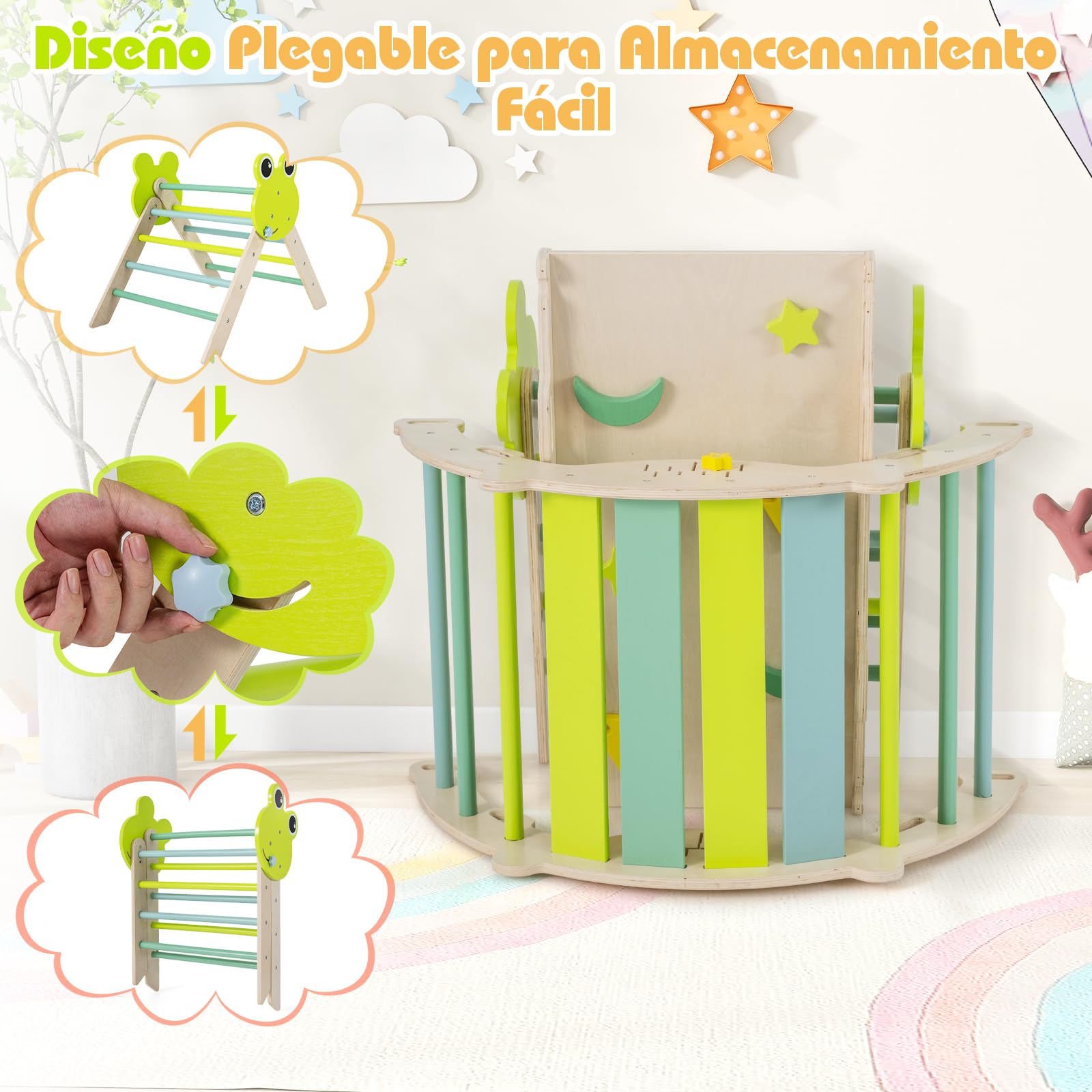 COSTWAY Triángulo de Escalada Interior, Estructura de Escalada Plegable con Tobogán, Arco de Escalar, Triángulo de Madera para Niños de 1+ año (Rana-3 Piezas,Verde)