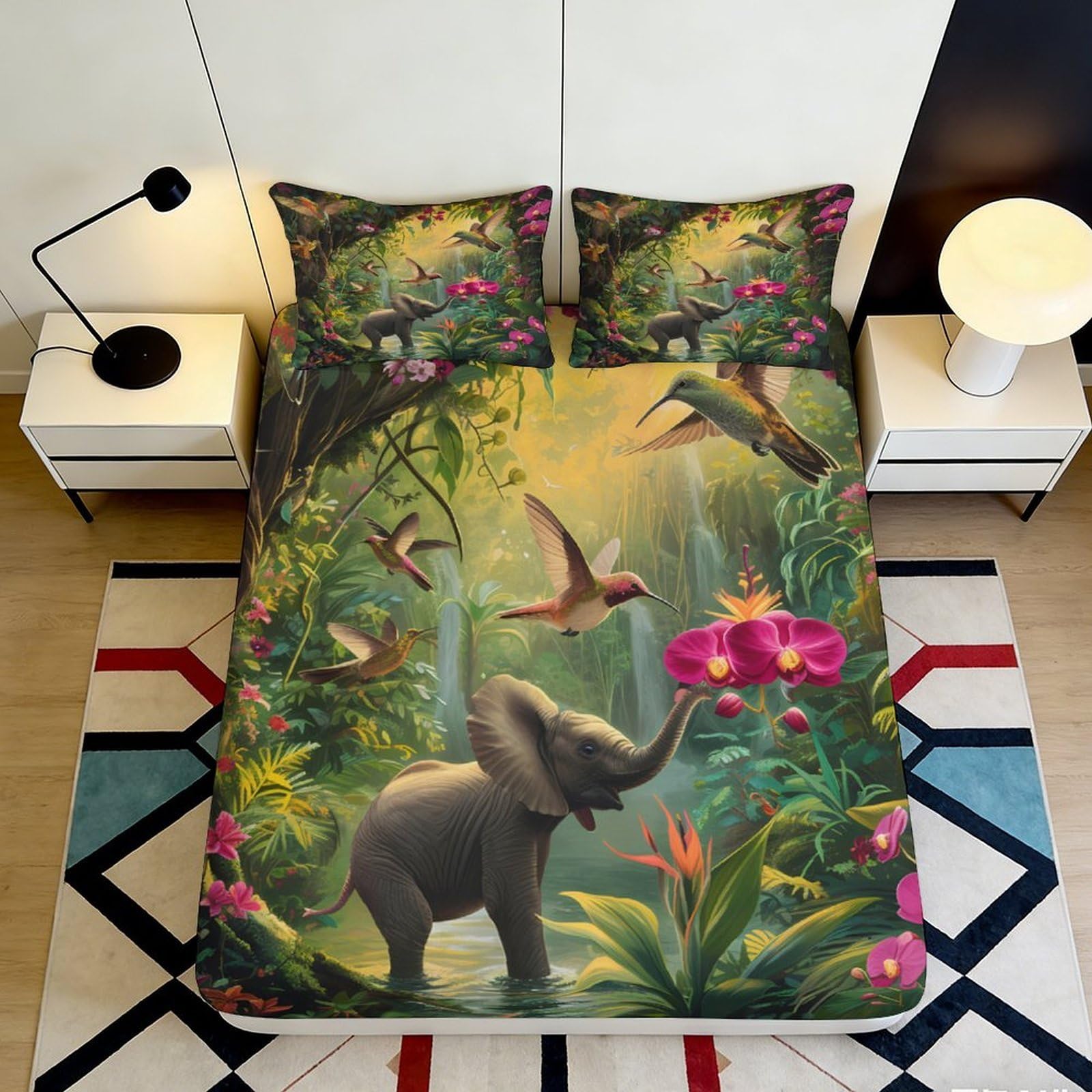 3D Printed Jungle Elephant Fitted Sheet Microfiber Deep Pocket Bedroom Bedding Jungle Mattress Fitted Cover Elastic Hem 120x200x25cm