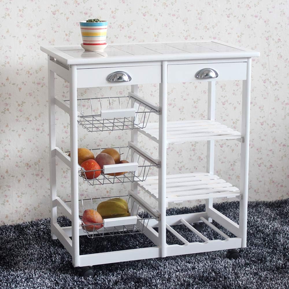 Moveable Kitchen Cart Rolling Wood Kitchen Island Storage Trolley Utility Cart Rack w/Storage Drawers/Baskets Dining Stand Storage Shelf w/Wheels Countertop for Kitchen/Dining Room (White 2)