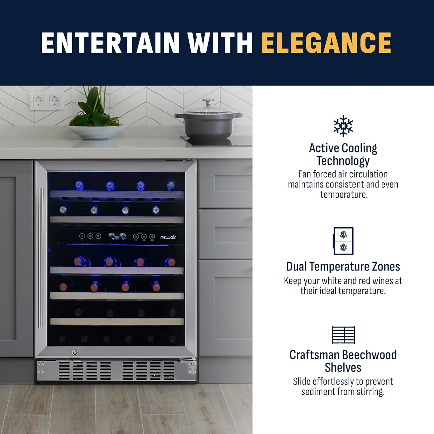 Stainless Steel Dual Zone 46 Bottle Wine Refrigerator with Beechwood Shelves