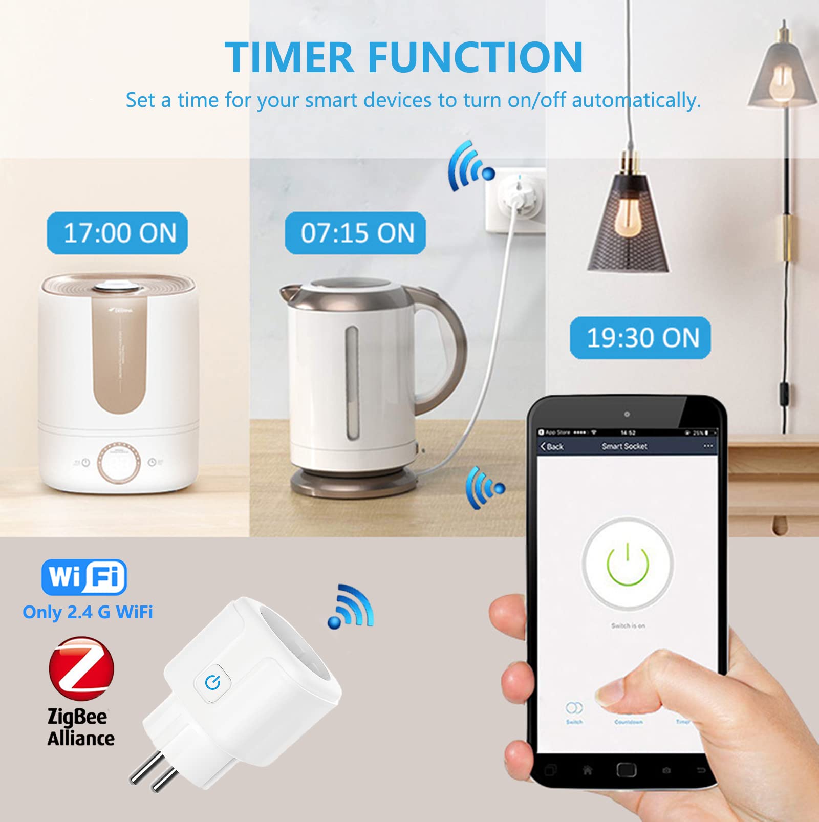 ZigBee Enchufe Inteligente Alexa 16A, 3680W Smart Plug con Monitor de Energía, Enchufe Temporizador con Control Remoto, Control por Voz y Funciones de Temporización, apoyo Alexa & Google Home
