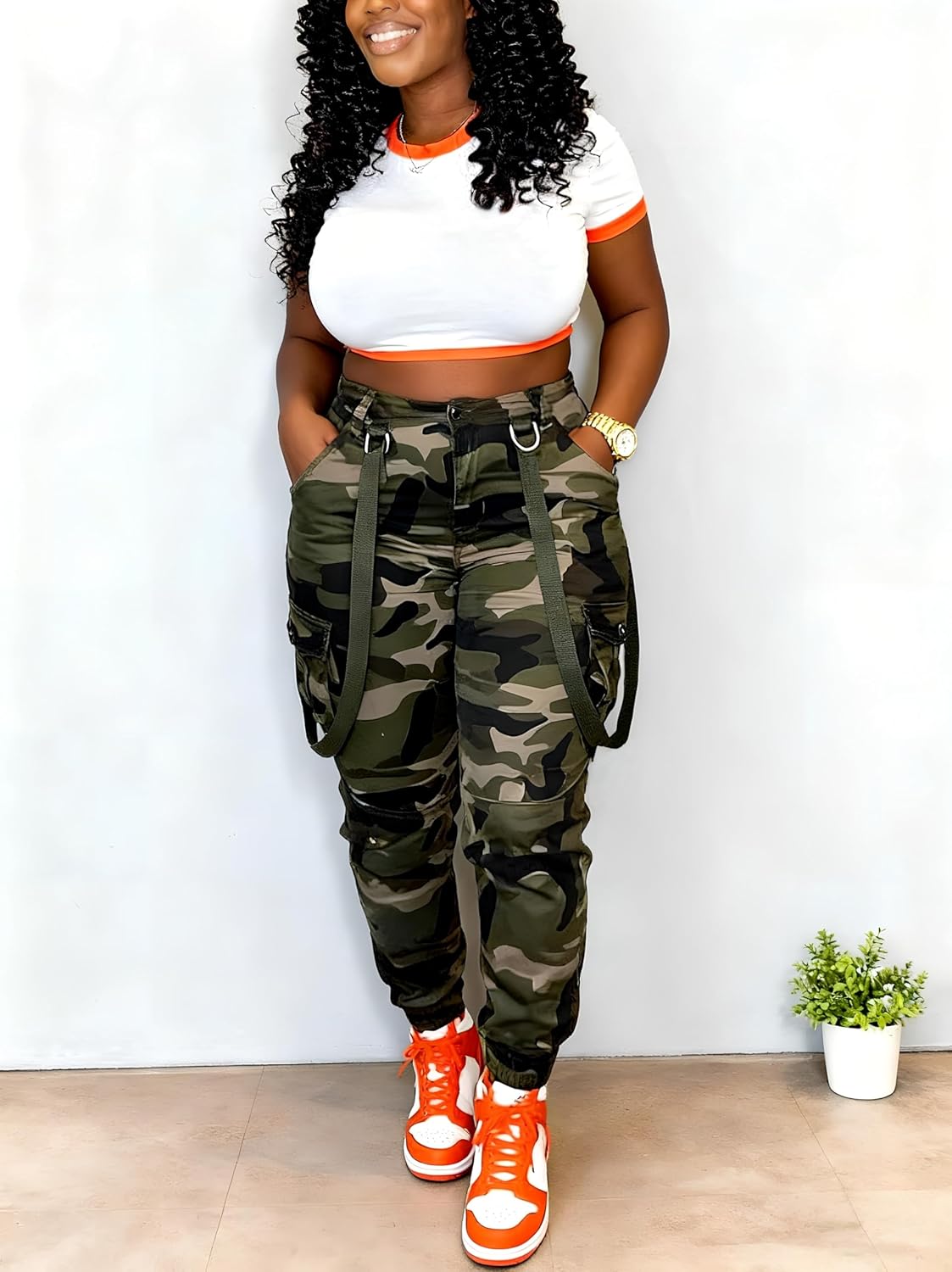 Camo Green Women's Cargo Pants with Pockets High Waisted Ankle Cuff Y2K Casual Sweatwear Pants - Image 3
