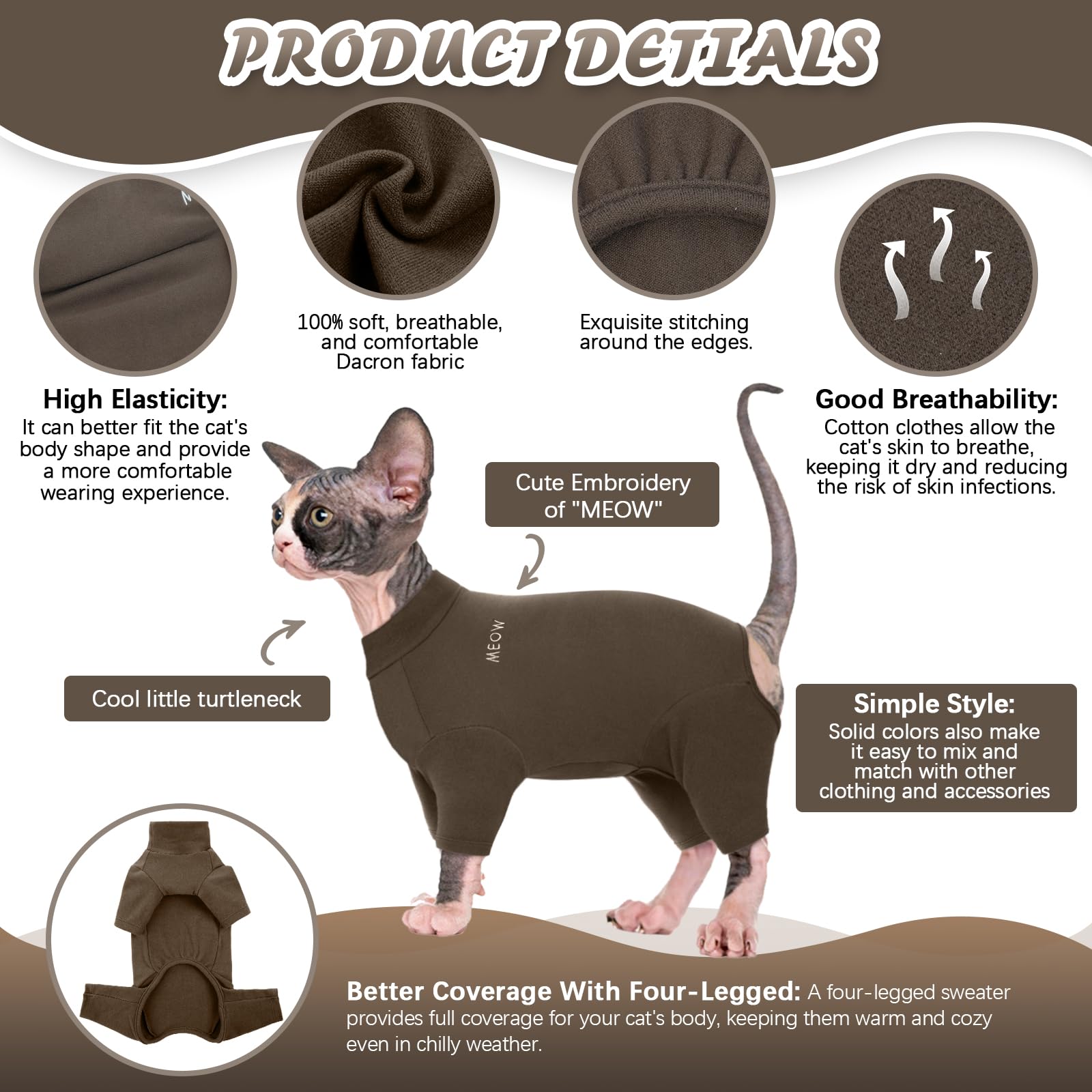 Hjyokuso Cat Clothes, Sphynx Cat Clothing, Cat Jumpers for Cats Only Cat Recovery Suit With Legs, Breathable Soft Cat Onesie - Image 2