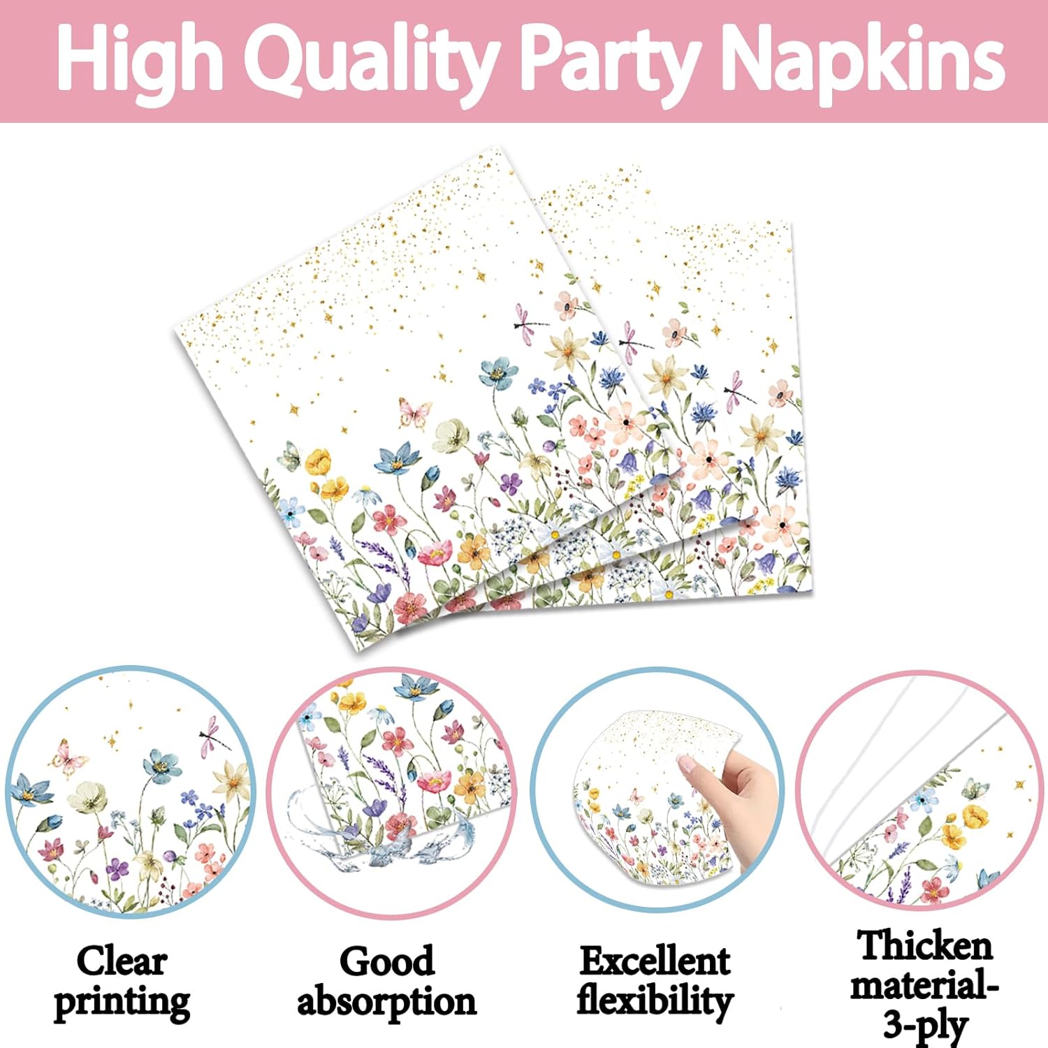 96 PCS Wildflower Party Supplies Spring Baby Shower Decorations Floral Tea Plates Napkins Forks for Girls Women Spring Flower Party Serves 24
