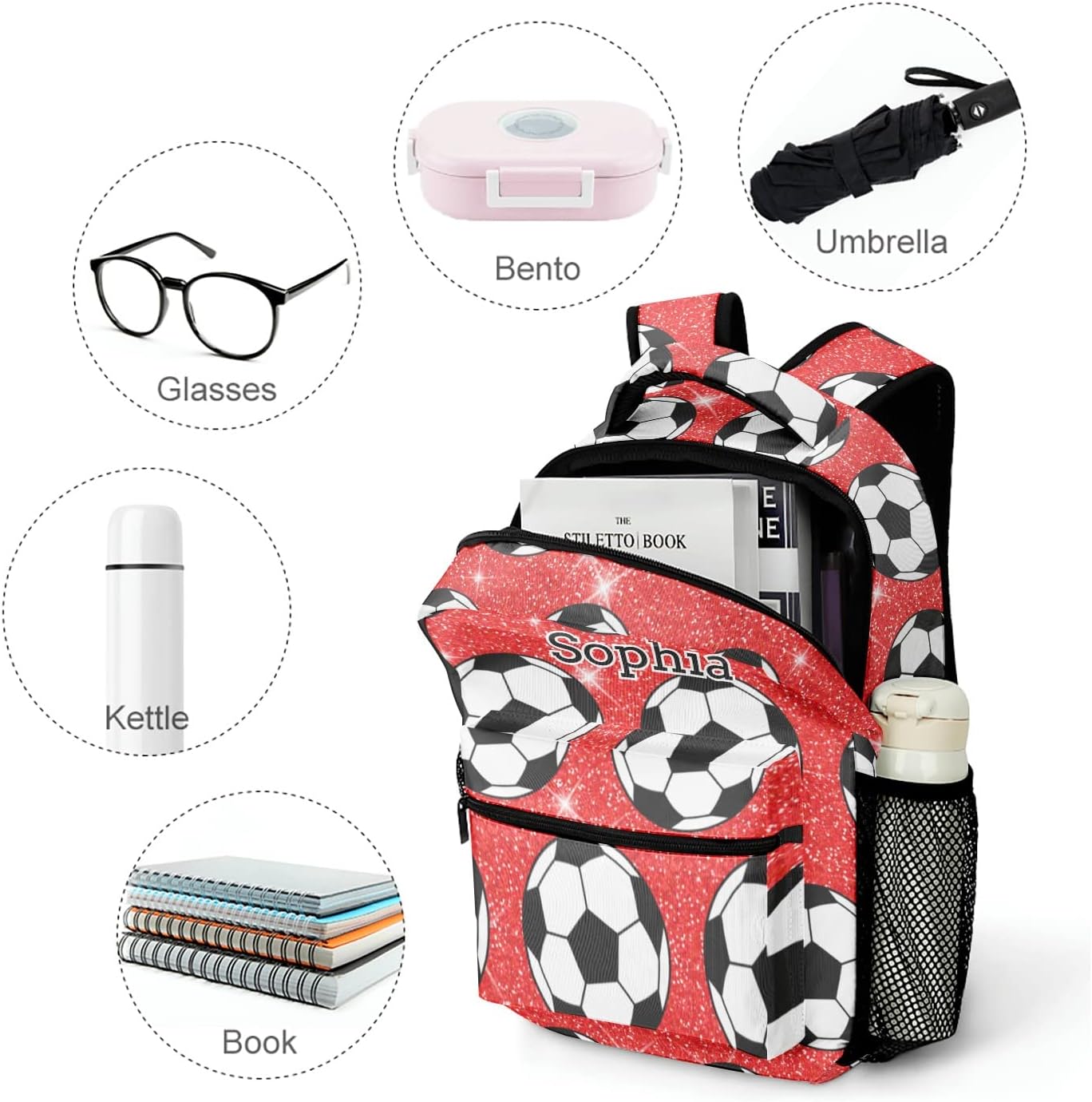 Soccer Ball Red Printing Personalized Backpack Waterproof Shoulder Bag Casual Travel Daypack with Name