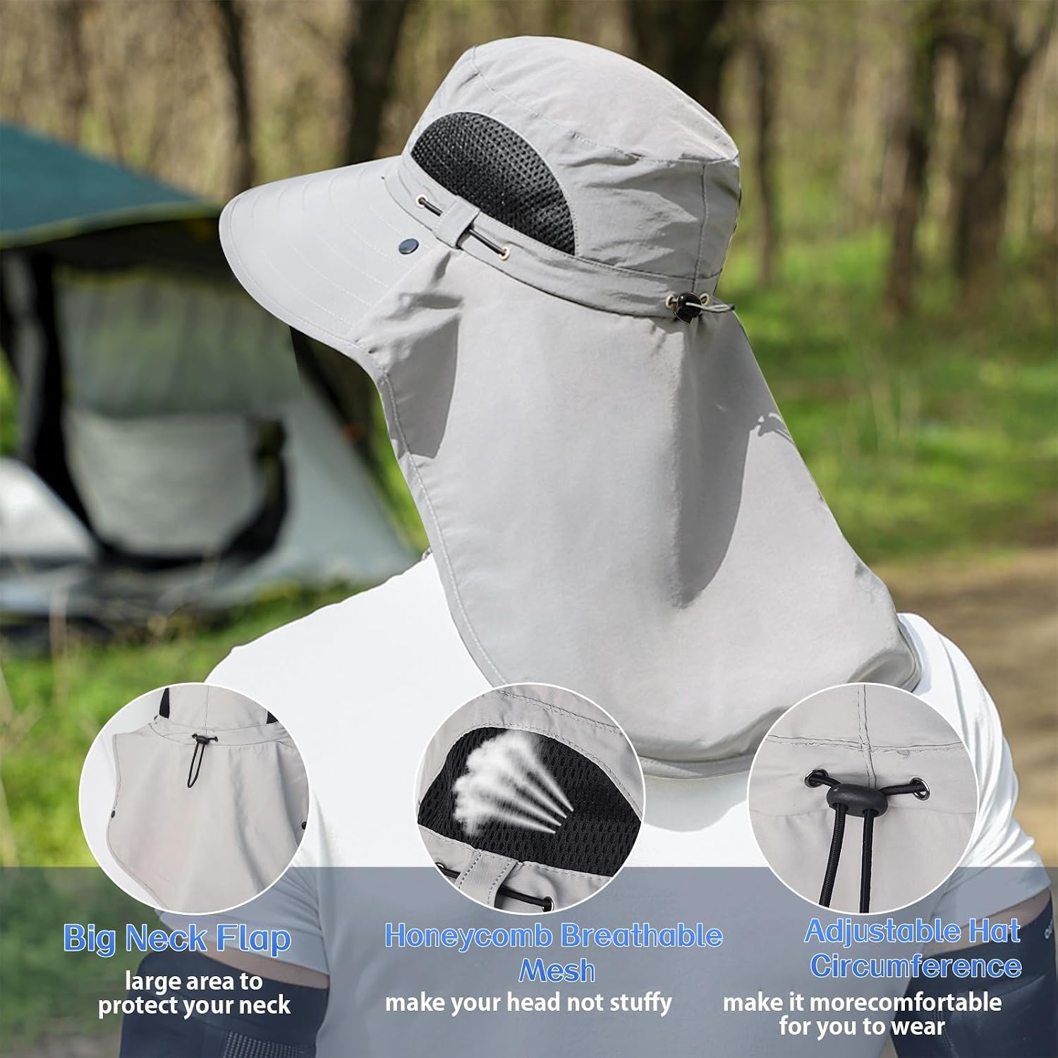 ALANDUO Wide Brim XXL Sun Hats for Men Big Head, UPF 50+ Fishing Sun Hat with Neck Face Flap, Safari Boonie Hat for Men Women