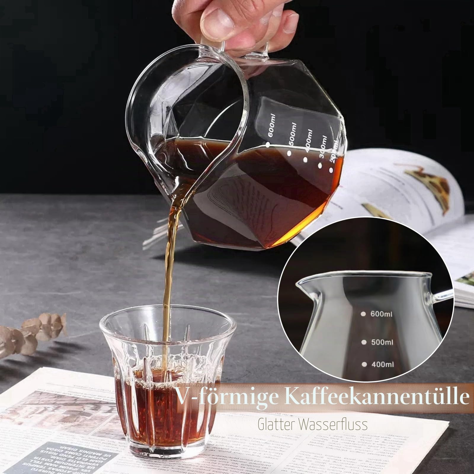 Pour Over Kaffeebereiter-Set 600 ml Borosilikatglas Kaffeeserver mit Glasdeckel 50 Papierfilter Walnuss-Griff