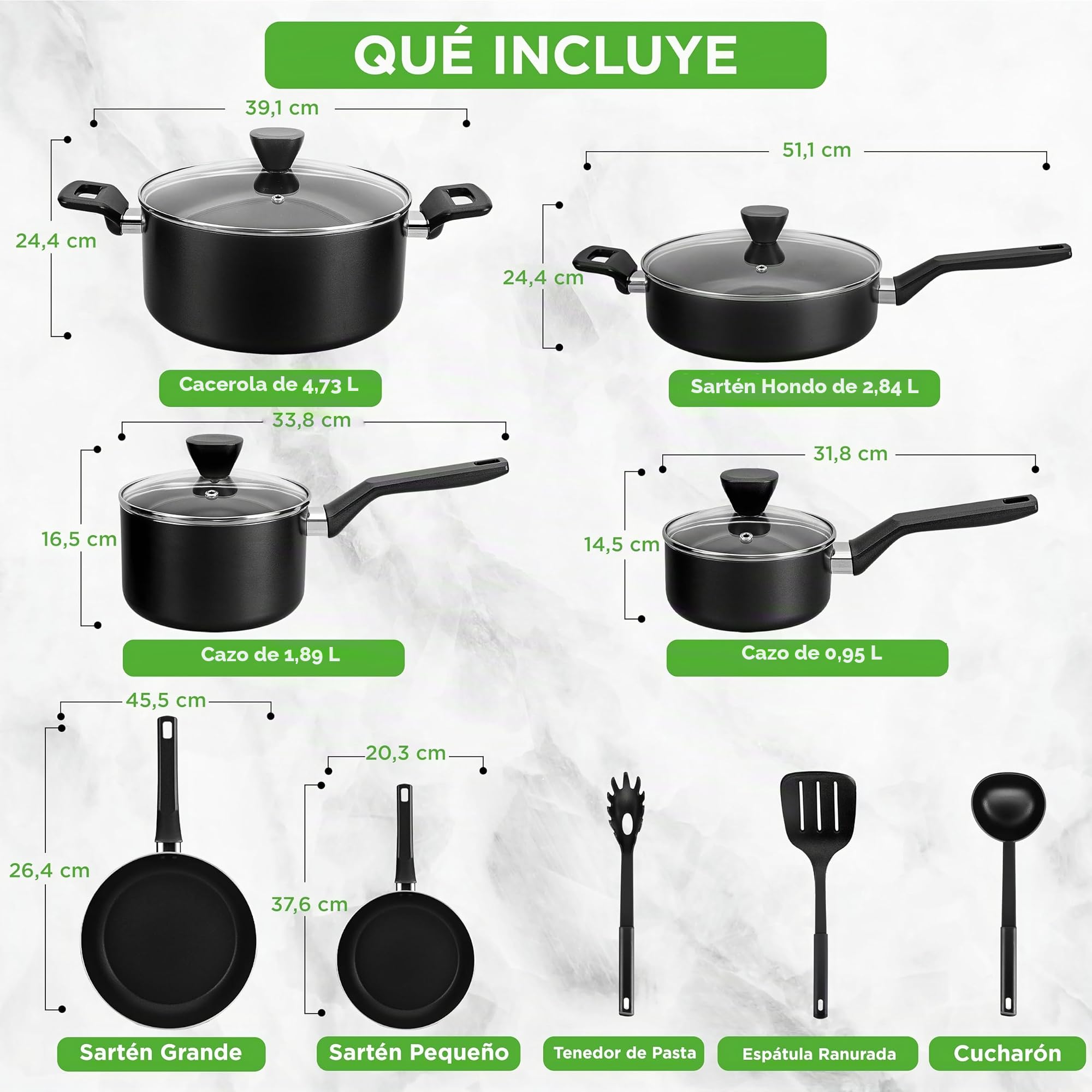 Nutrichef bateria de cocina, 13 piezas, Tapas Antiadherentes, Resistentes al calor, Cacerola, Sartenes, Ollas, Cazuela, Cucharon, Tenedor y Colador, Color negro