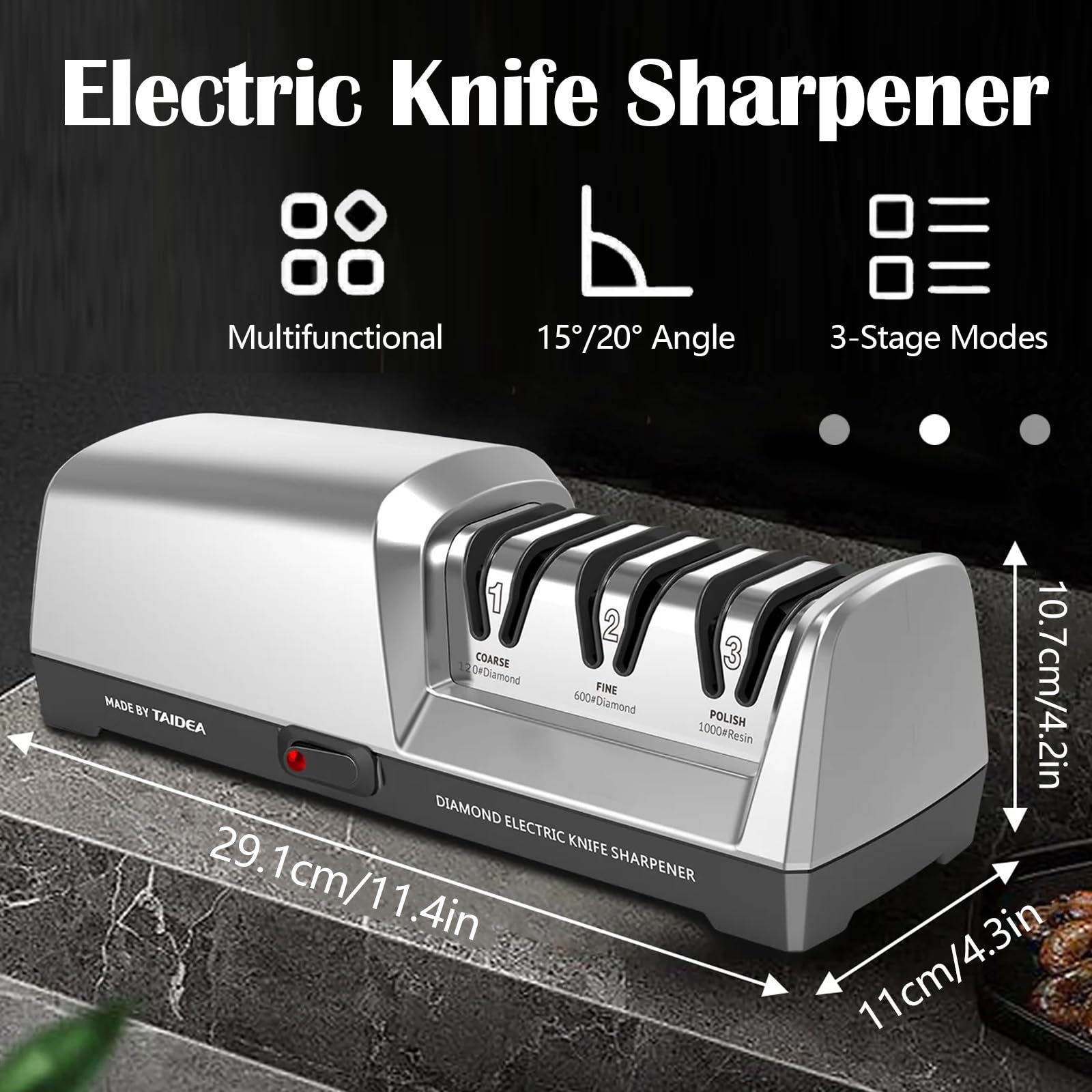 Aiguiseur de Couteaux Électrique, Affûtage des Couteaux de Cuisine à 3 Niveaux Affûteur de Couteaux Diamant Professionnel Pour Le Meulage Grossier
