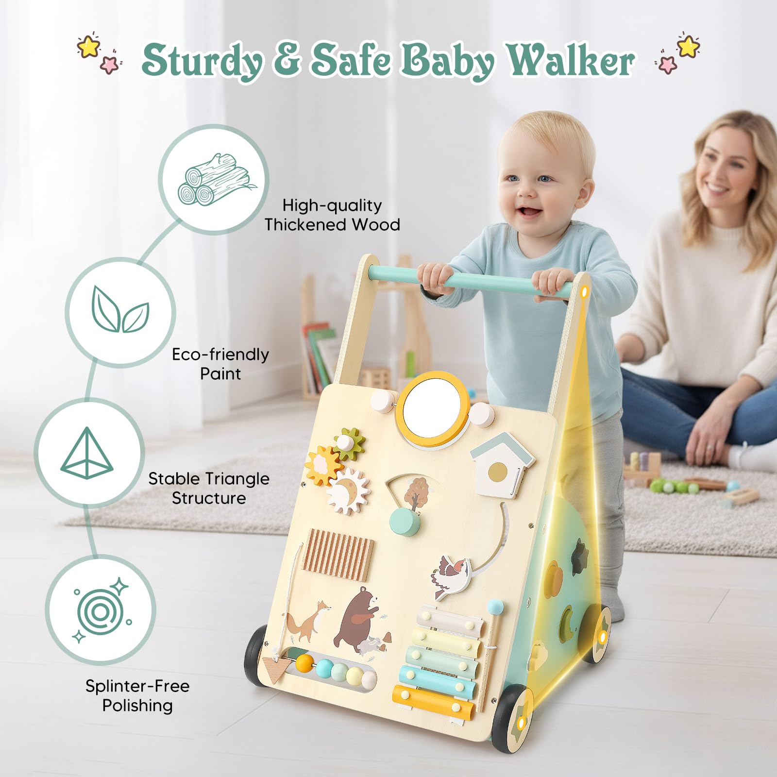 Carrello Primi Passi in Legno per Bambini,10 in 1 Baby Activity Center Push Walker regolabile, Girello Montessori con Centro Attività,da 10 mesi a 1-2 anni,Baby Walker Regali di Compleanno