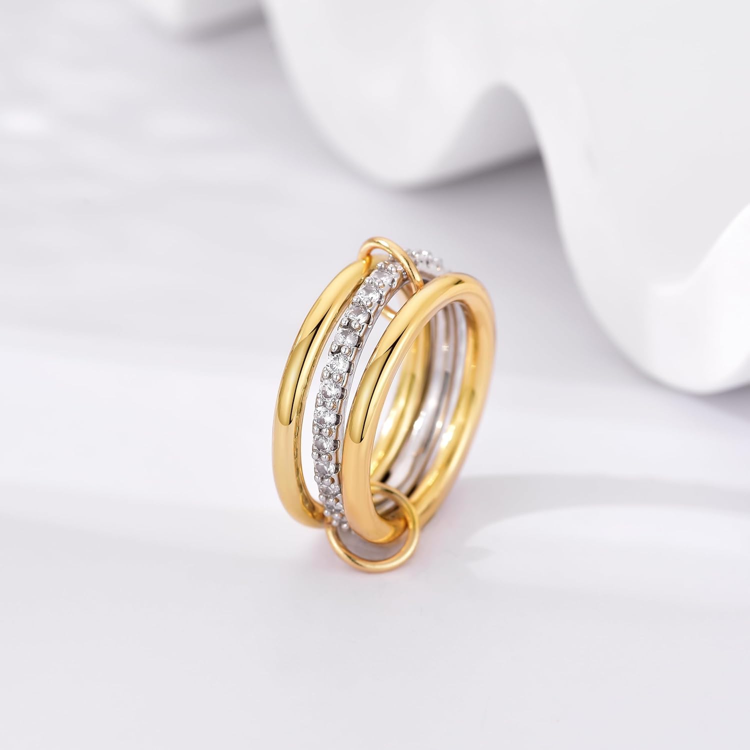14K Gold Plated Interlocked Stackable Rings for Women Non Tarnish,Gold and Silver Cubic Zirconia Statement Rings Set,Mixed Metals Ring Two-Toned Connected Bands Stacking Jewelry - Image 2
